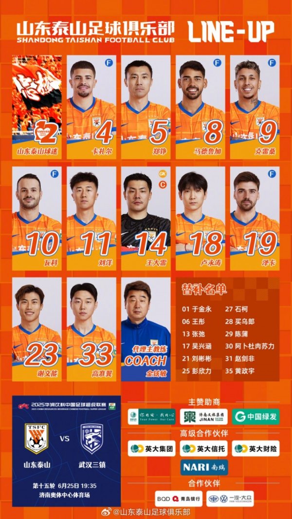 山东泰山今日阵形    ，助威  💪💪💪 ​​​