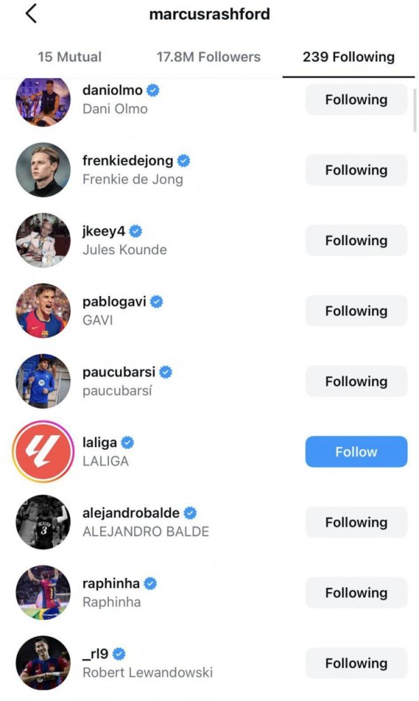 迫不及待！拉什福德ins关注莱万、拉菲尼亚等多位巴萨球员