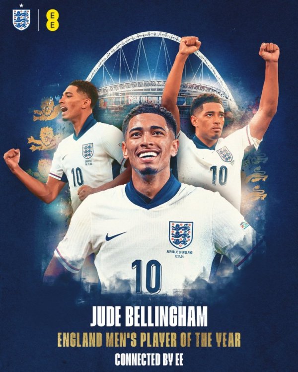 8场1球4助功  ！官方：贝林厄姆当选英格兰队2024/25