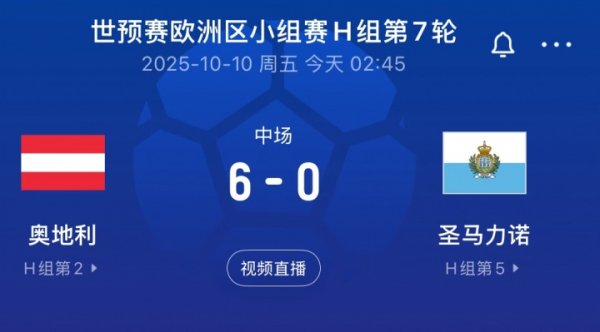 无情！世预赛奥地利半场6-0领跑  圣马力诺，后者FIFA排